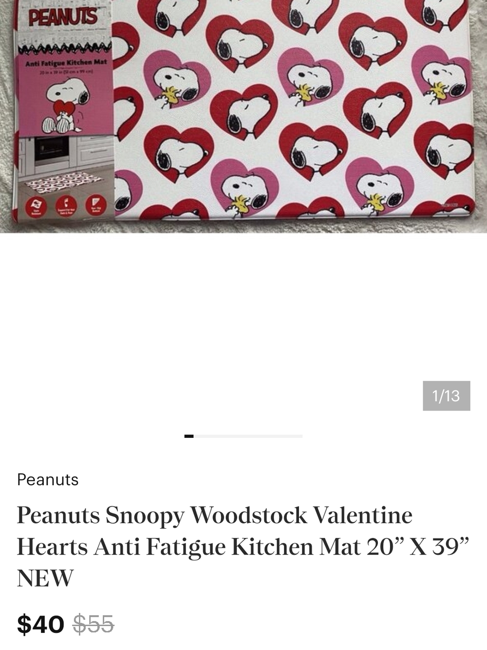 Peanuts Snoopy & Woodstock Heart Kitchen Mat - Red & Pink